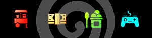 Set Fast street food cart, Stacks paper money cash, Ice cream in bowl and Gamepad icon. Vector