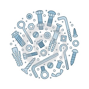 Set of fasteners. Bolts, screws, nuts, dowels and rivets in doodle style. Hand drawn building material.