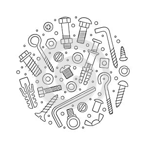 Set of fasteners. Bolts, screws, nuts, dowels and rivets in doodle style. Hand drawn building material.