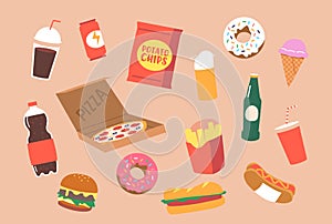 Set Of Fat Unhealthy Food. Cola, Chips, Donut And Ice Cream, Pizza, Burger And French Fries. Hot Dog, Beer, Soda