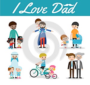 Set of father and Child on white background, i love dad, Happy father Day, father and child, father with kid. Vector illu