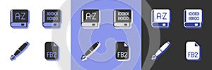 Set FB2 File, Translator book, Fountain pen nib and Books about programming icon. Vector