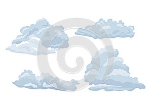 Set of feather clouds. Wavy, sparse cumulus and layer clouds.