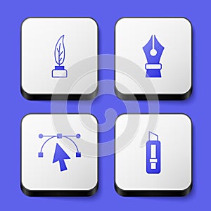 Set Feather and inkwell, Fountain pen nib, Bezier curve and Stationery knife icon. White square button. Vector