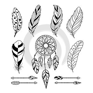 Set of feathers, arrows and dream catcher.
