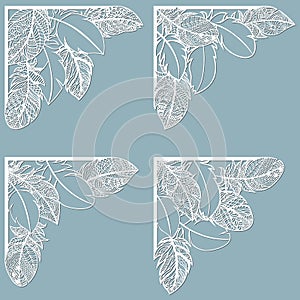 Set feathers. Laser cut template of openwork vector silhouette. For envelope with ornate floral ornament. Decorative design