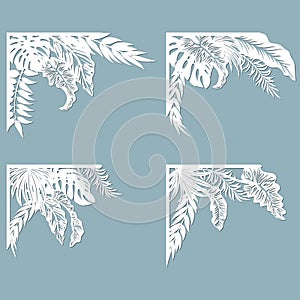 Set feathers. Laser cut template of openwork vector silhouette. For envelope with ornate floral ornament. Decorative design