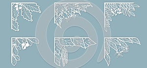Set feathers. Laser cut template of openwork vector silhouette. For envelope with ornate floral ornament. Decorative design