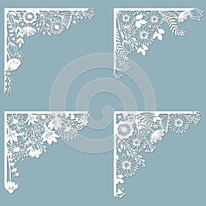 Set feathers. Laser cut template of openwork vector silhouette. For envelope with ornate floral ornament. Decorative design