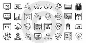 Vector art of collection of development icons representing software programming and web application isolated on white background