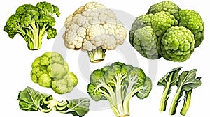 a set featuring broccoli, white cabbage, and cauliflower