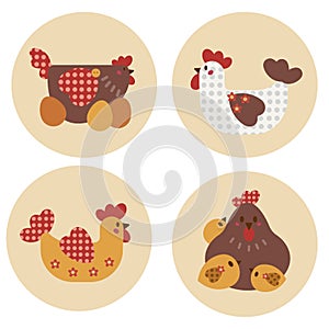 A set featuring a hen with eggs, hens with a pattern, a mother hen and her baby chicks.