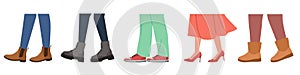 Set of feet in different modern shoes. Various types of mens or womens footwear. Walking people in stylish footgear photo