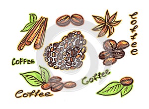Set felt pen food element in the style of line art on a white background. brown heart made of coffee beans, roasted