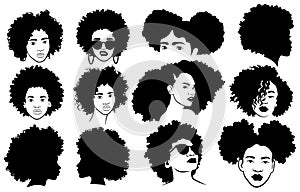 Set of female afro hairstyles. Collection of dreads and afro braids for a girl. Black and white illustration for a