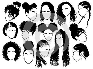 Set of female afro hairstyles. Collection of dreads and afro braids for a girl. Black and white illustration for a