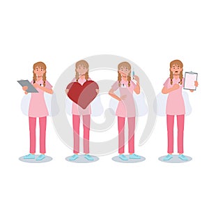 set of female baby doctor , nurse, medical staff in various action. Flat vector cartoon character illustration