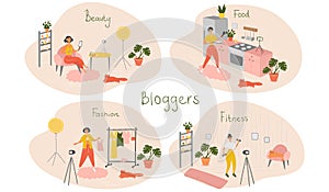 Set of female bloggers and vloggers characters making internet content. Women creating video for their blog channel
