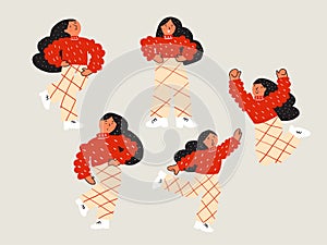 Set of female character in casual clothes in different poses. Vector illustration.
