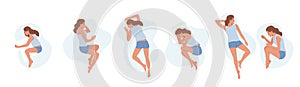 Set Female Character Sleeping Poses, Girl Lying in Bed in Various Comfortable Positions Top View. Woman Sleep, Bedtime