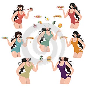 Set with female characters about the choice of food. Curvy women hold different food. Healthy and unhealthy food concept