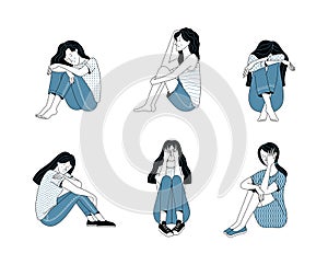 Set of female characters suffering from depression on white