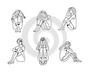 Set of female characters suffering from mental disorder vector outline illustration