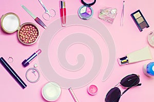 A set of female cosmetics, fashion, style, accessories, glamor, elegance. top view flat lay photo