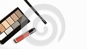 Set of female decorative cosmetics on white background. neutral brown eyeshadow and brush and liquid lipstick