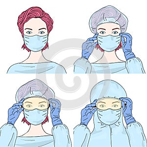 Set with female doctors in disposable medical surgical face masks, safety glasses, rubber gloves and a protective suit.