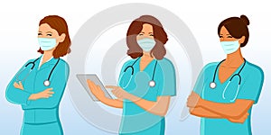 Set of female doctors in medical uniform and face mask and stethoscope