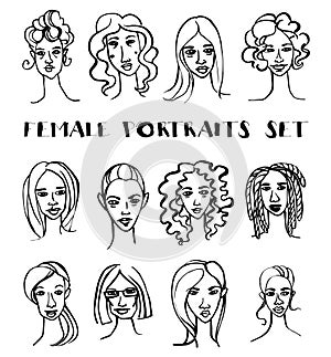 Set of female doodle hand drawn portraits. Black and white