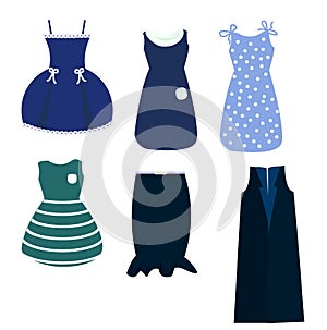 A set of female dresses in blue tones, a skirt and a sleeveless jacket. Women`s clothing.