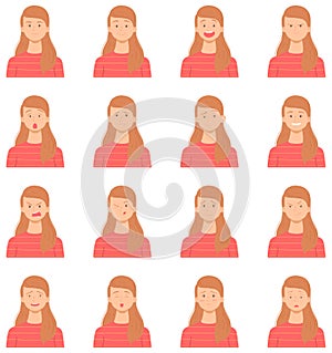 Set of female emotions. Girl Avatar. Flat cartoon character isolated on white background. Vector illustration