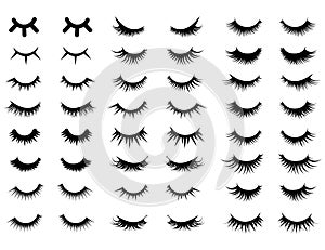 Set of female eyelashes. Collection of false eyelashes. Black and white illustration of closed eyes. Bottled eyelashes