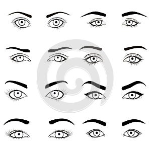 Set of female eyes and brows black image illustration for health glamour design with beautifully fashion eyelashes. Open