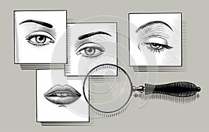 Set of female eyes and lips on cards and magnifying glass