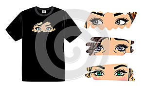 Set of female eyes seen through glass. Different looks of a woman for T-shirt design