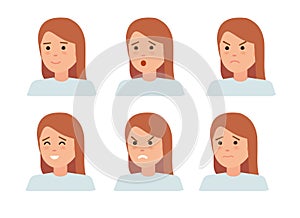 Set of female facial emotions. Woman emoji character with different expressions.