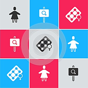 Set Female, Feminist activist and Packaging of birth control pills icon. Vector