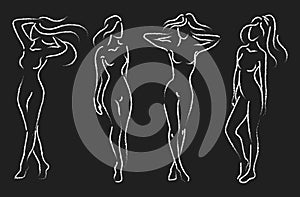 Set of female figures. Collection of outlines of young girls. Stylized slender body. Drawing on a chalkboard.