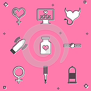 Set Female gender and heart, Monitor with 18 plus content, Devil horns, Dildo vibrator for sex games, Bottle pills