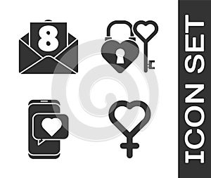 Set Female gender symbol, Envelope with 8 March, Online dating app and chat and Castle and key in heart shape icon