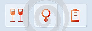 Set Female gender symbol, Glass of champagne and Clipboard with checklist. White square button. Vector