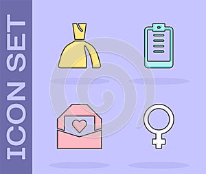 Set Female gender symbol, Woman dress, Envelope with Valentine heart and Clipboard checklist icon. Vector