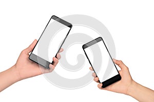 Set female hand is holding a smartphone with a white blank display. White display on smartphone for advertising