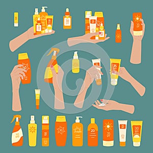 Set of female hands hold sunscreen products. SPF protection and sun safety concept. SPF sunblock summer products lotion, cream,
