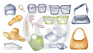 Set of female items, accessories watercolor illustration isolated on white. Collection of shoes, glasses, bags