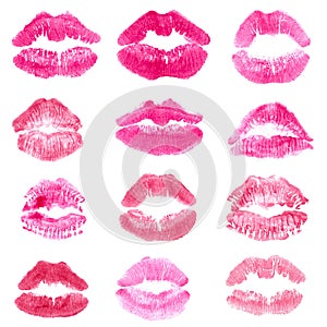 set of female kisses.  Lips with lipstick on white isolated background.
