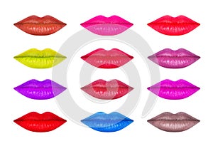 Set of female lips with different lipstic colors